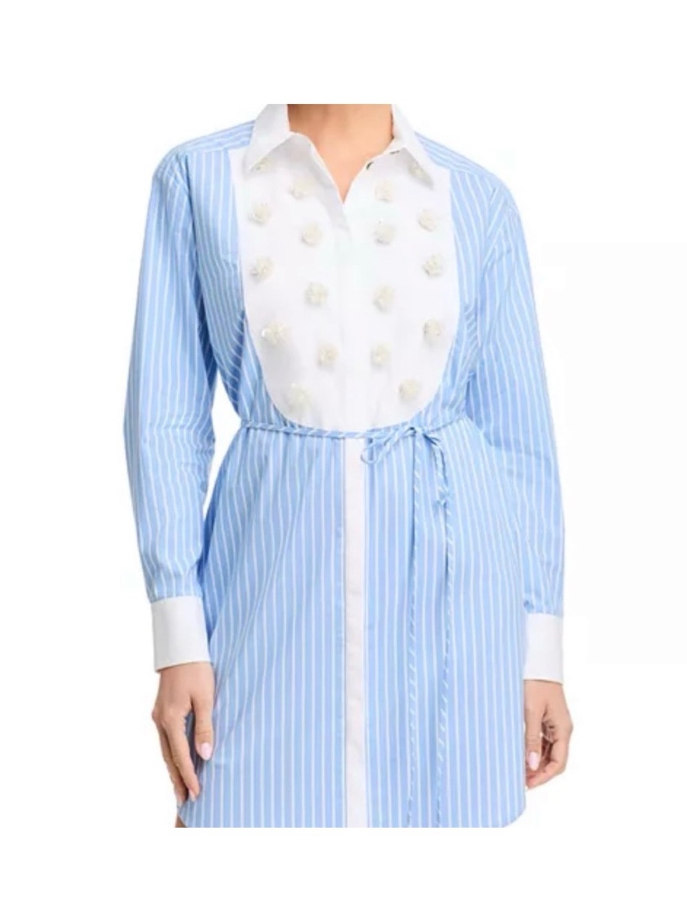 Blue Stripe Shirt Dress with White Bib Detail